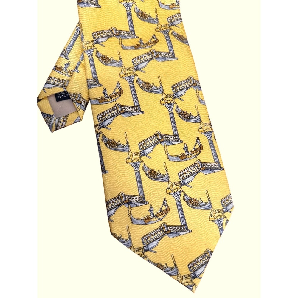San Marco 1290 Venezia 100% Silk Tie W/ Venice Print Yellow Gondola Italy EUC